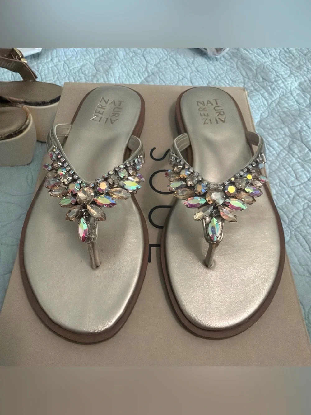 Naturalizer Metallic Taupe Jeweled Thong Sandals